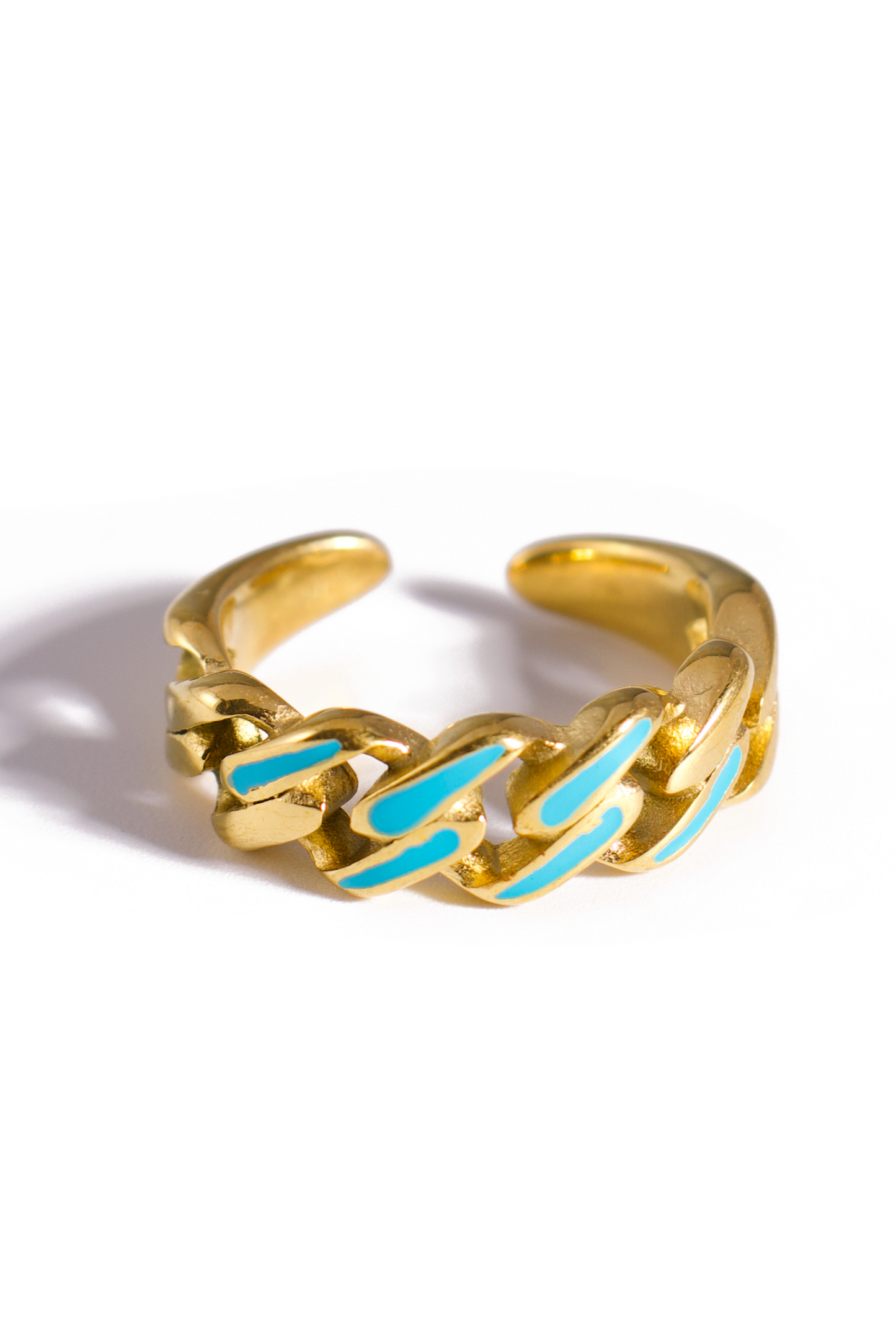 [Ring] Color Pop Stainless Steel Cuban Chain Adjustable Ring – Gold Plated Open Band with Enamel Inlay, Red-White or Blue Accents, Unisex Fashion Jewelry