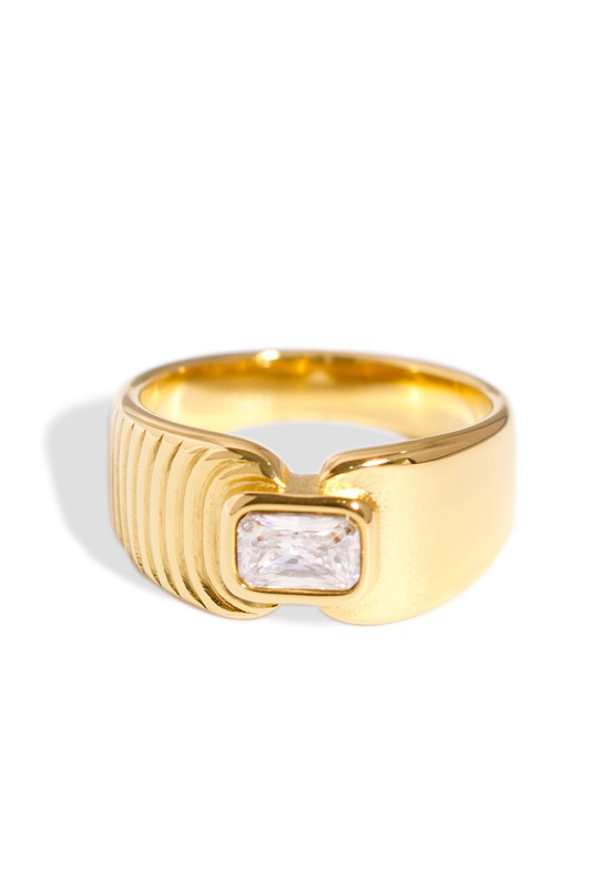 [Ring] Golden Ring, 18K Gold Plated Stainless Steel Zirconia Inlaid, Non-Tarnish