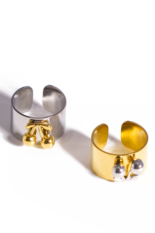 [Ring] Trendy Cherry Statement Ring – Adjustable Wide Cuff, Stainless Steel Cocktail Ring in Gold or Silver