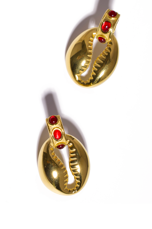 18K Gold Plated Shell Earrings with Red Gem Accents, Stainless Steel