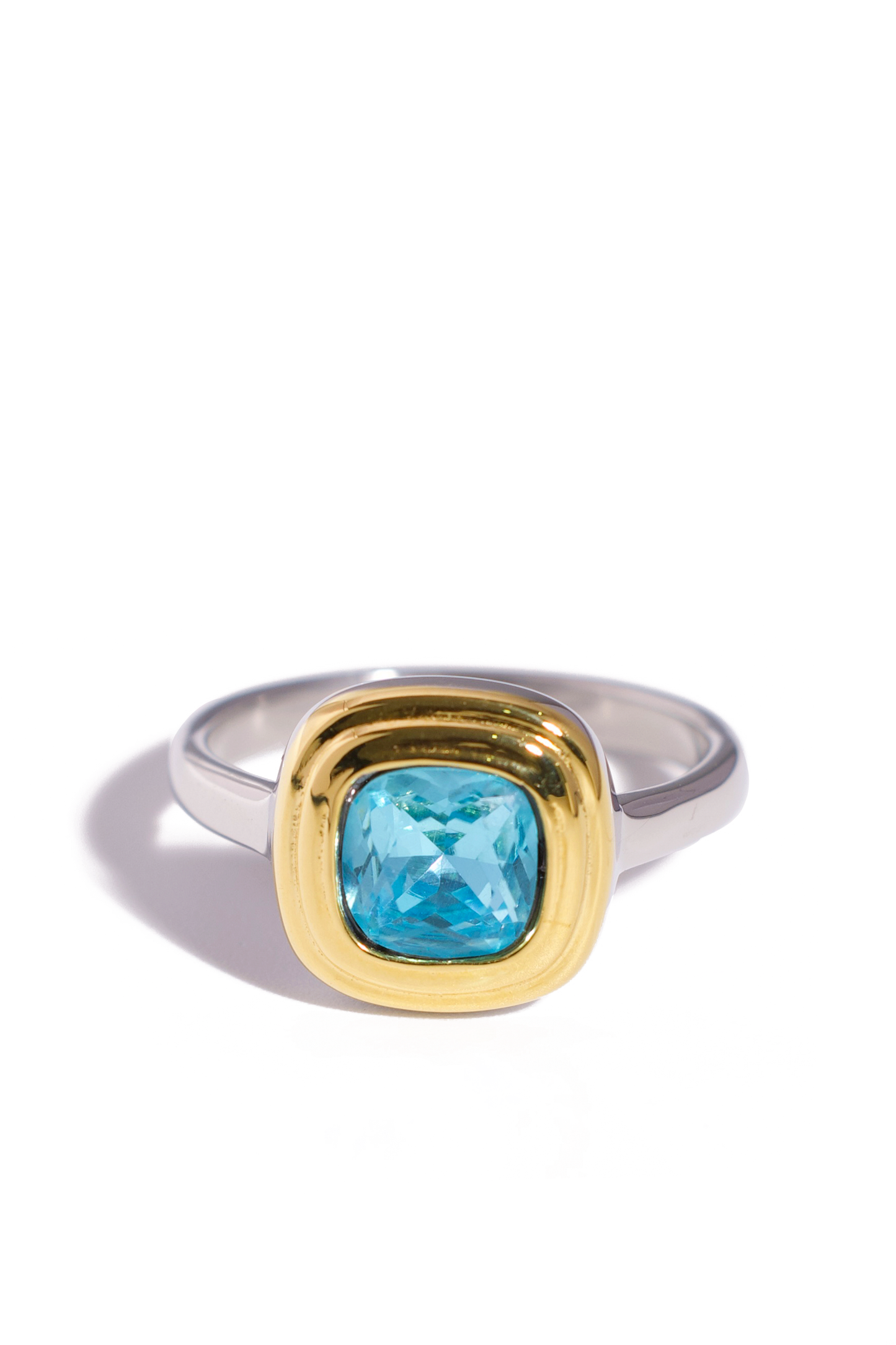 [Ring] Cushion Cut Gemstone Ring – 18K Gold Plated Stainless Steel, Pink & Blue CZ