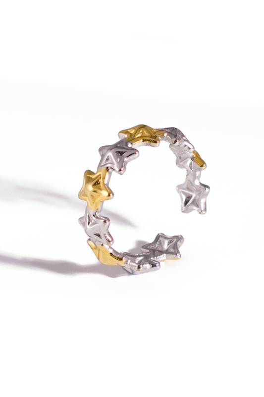 [Ring] Starry Duo Stainless Steel Ring – Two-Tone Gold & Silver Star Band, Adjustable Celestial Jewelry for Women