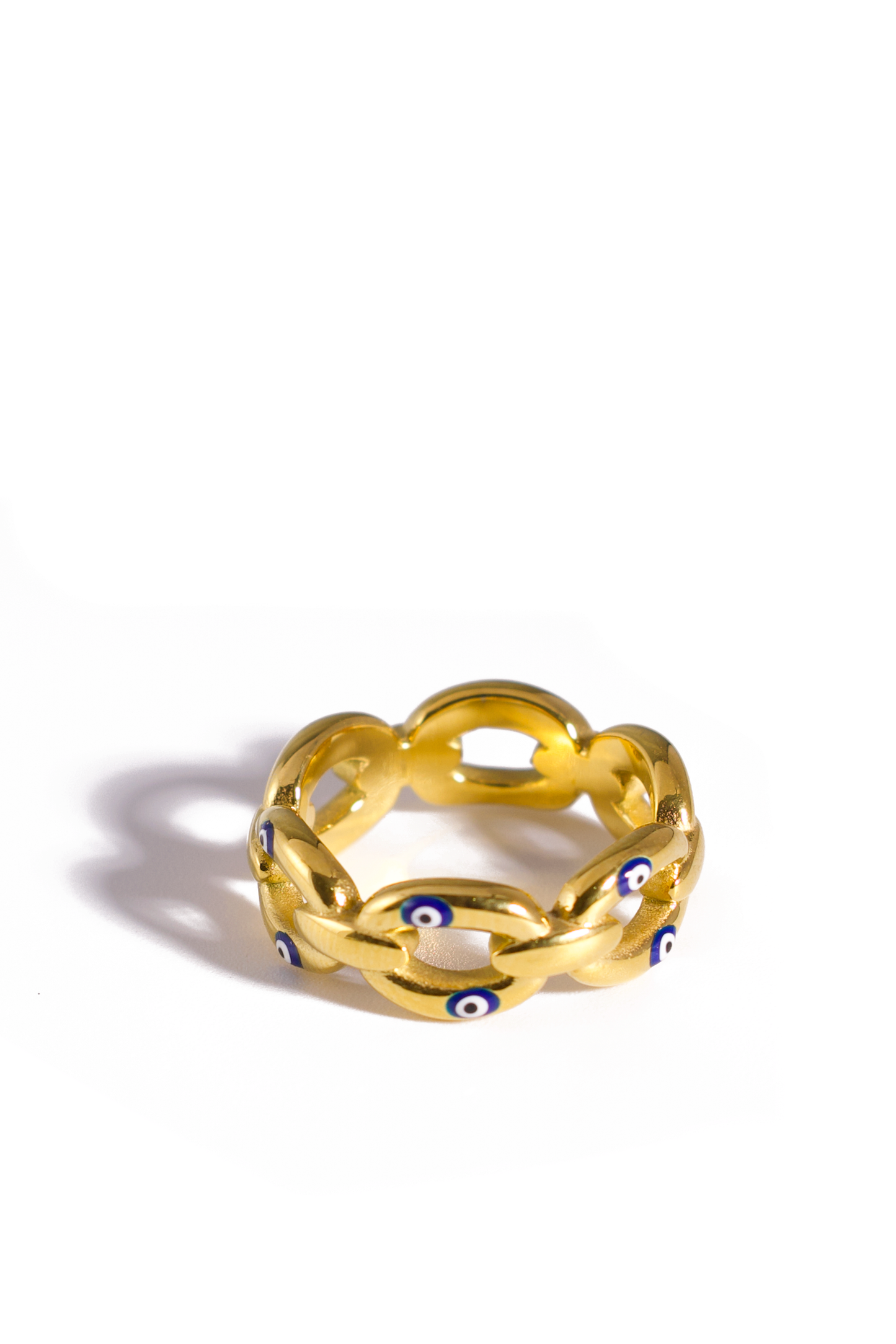 [Ring] 18K Gold Plated Stainless Steel Chain Link Ring with Evil Eye Enamel Accents – Trendy Protective Jewelry for Everyday Wear