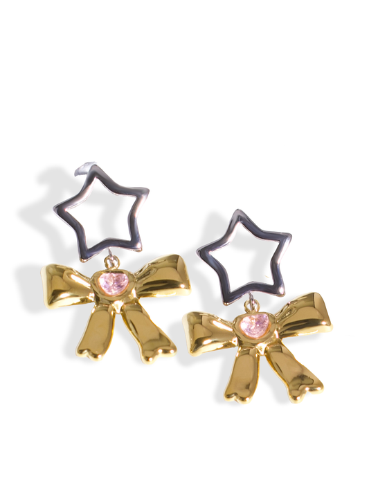 Star & Bow Drop Earrings – 18K Gold Plated with Pink Crystal