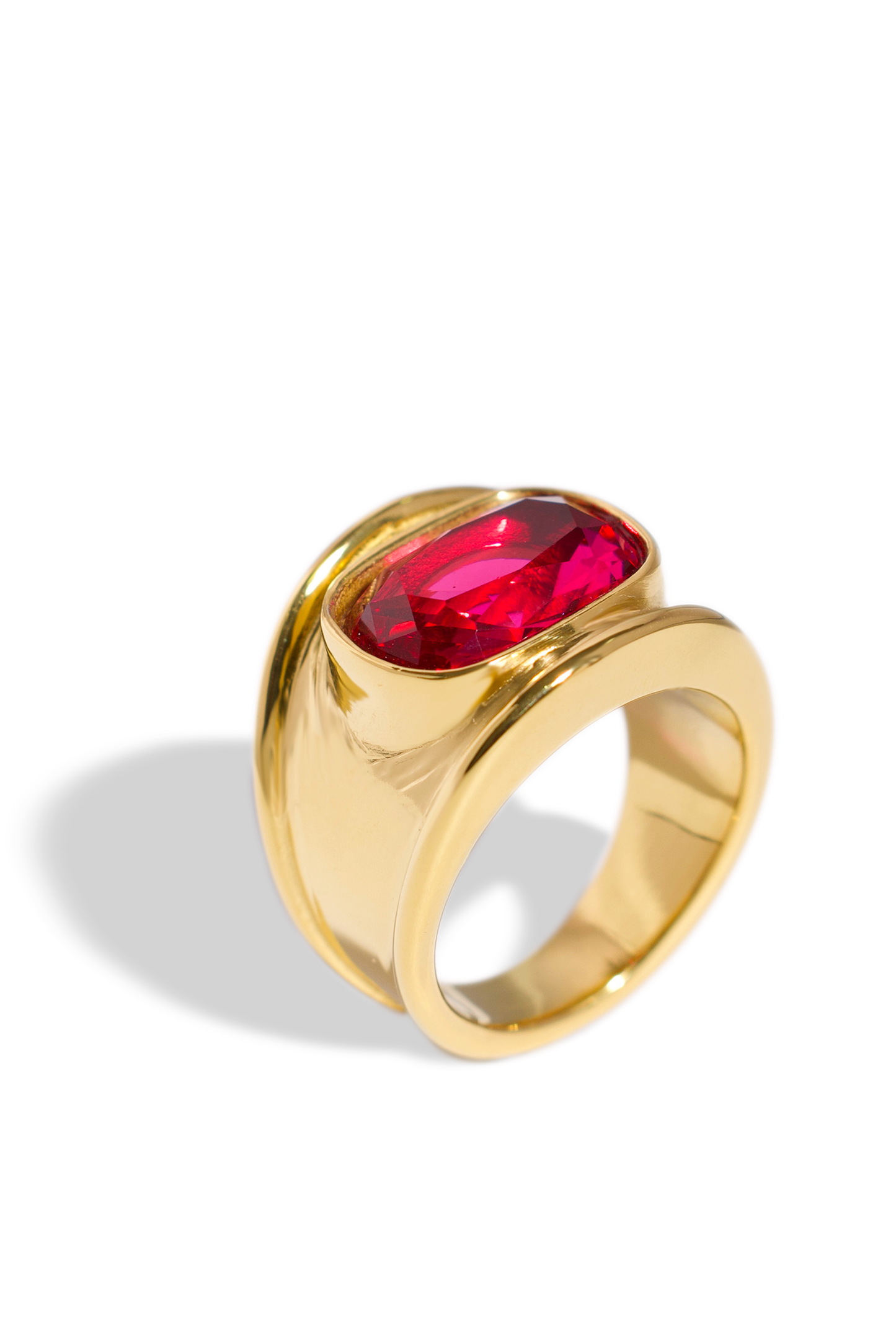 [Ring] Golden Ring, 18K Gold Plated Stainless Steel, Non-Tarnish Wide Band Ring with Ruby Red Zirconia