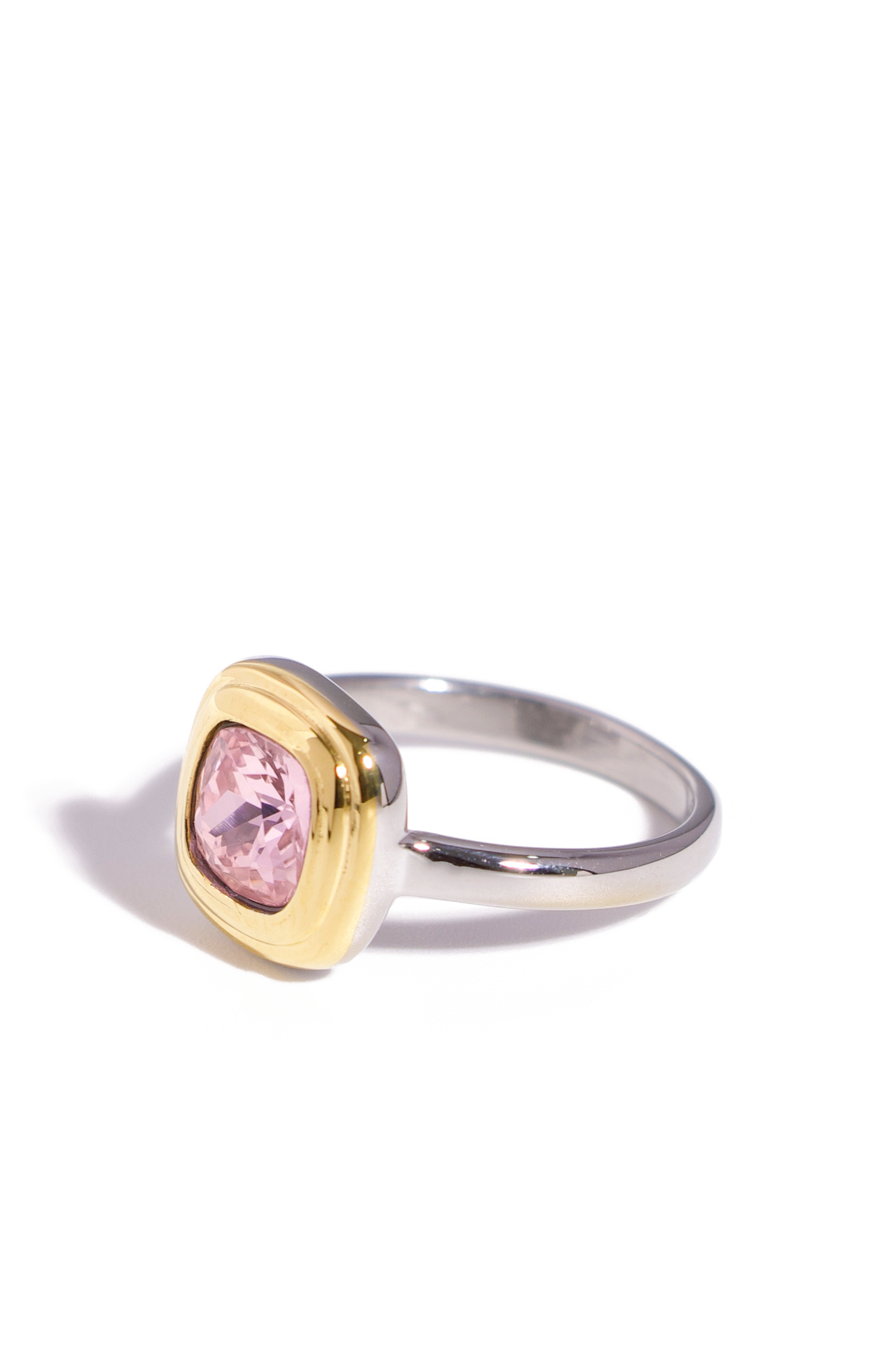[Ring] Cushion Cut Gemstone Ring – 18K Gold Plated Stainless Steel, Pink & Blue CZ