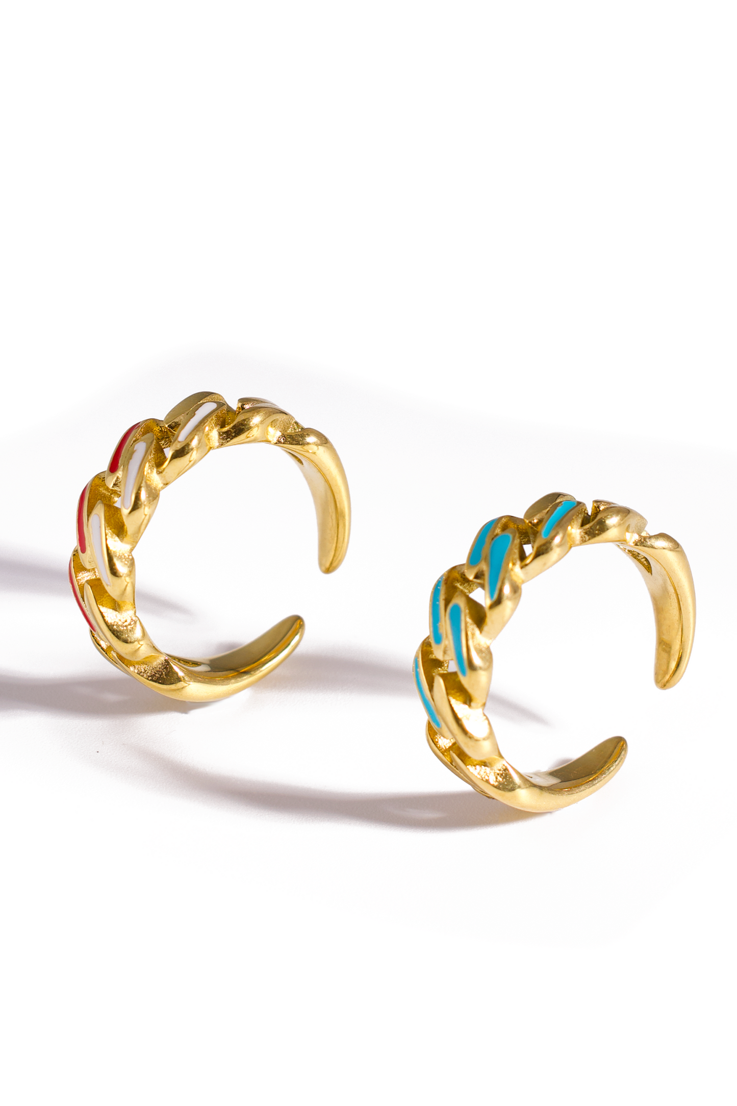 [Ring] Color Pop Stainless Steel Cuban Chain Adjustable Ring – Gold Plated Open Band with Enamel Inlay, Red-White or Blue Accents, Unisex Fashion Jewelry