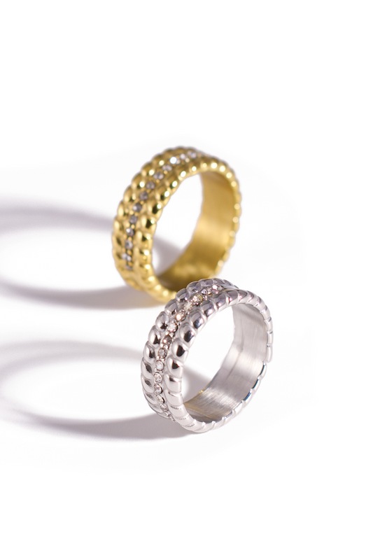 [Ring] Gold & Silver Stainless Steel Bands with CZ Accents, 18K Gold Plated