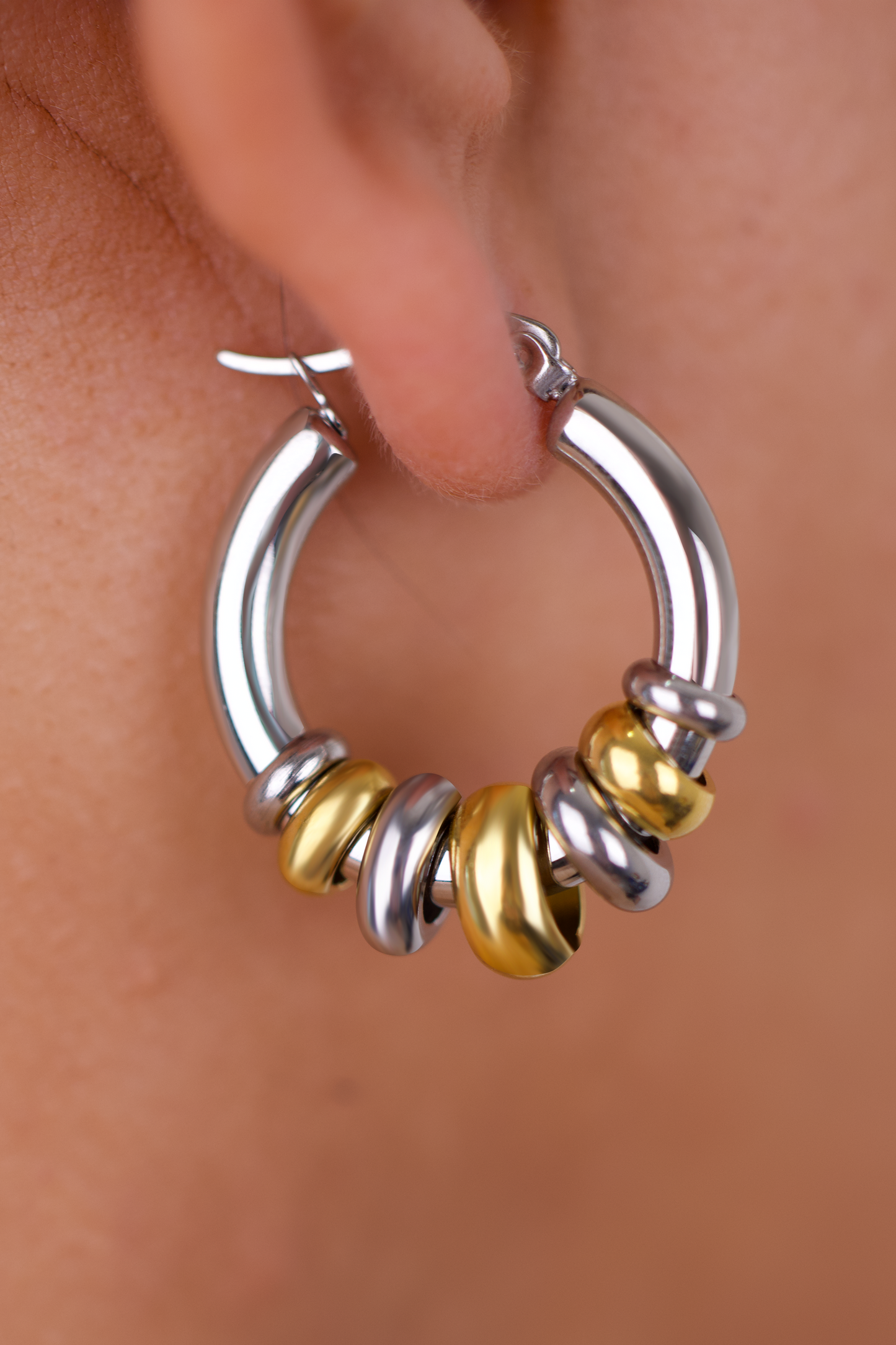 18K Gold Plated Stainless Steel Hoop Earrings with Removable Beads – DIY Interchangeable Two-Tone Jewelry for Women