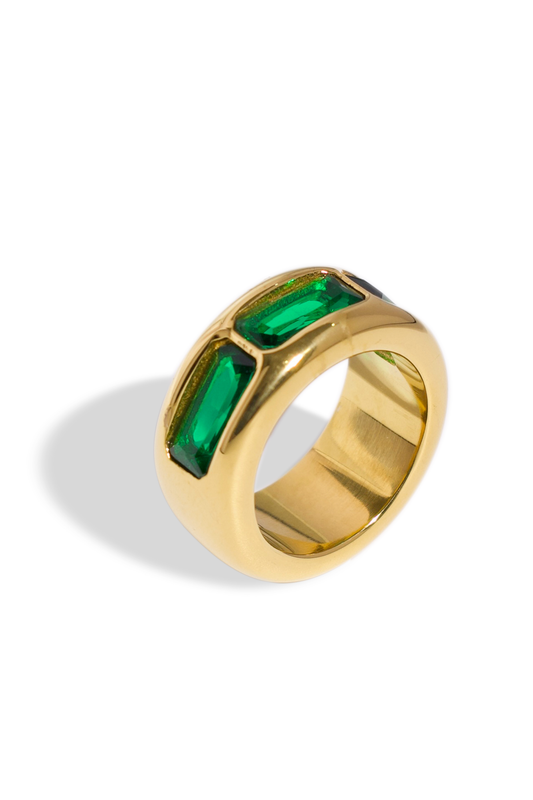 [Ring] Golden Ring, 18K Gold Plated Stainless Steel, Non-Tarnish Premium Green Zirconia Ring