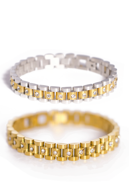 Unisex Stainless Steel Bracelet with Watch-Link Design, Gold or Silver Plated, Inlaid with Shiny Zircon Stones, Durable and Weighty