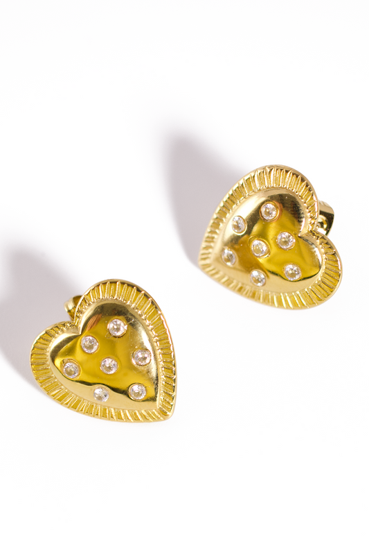 Vintage Gold Heart Stud Earrings – Textured Edge with Cubic Zirconia Accents, Retro Statement Jewelry