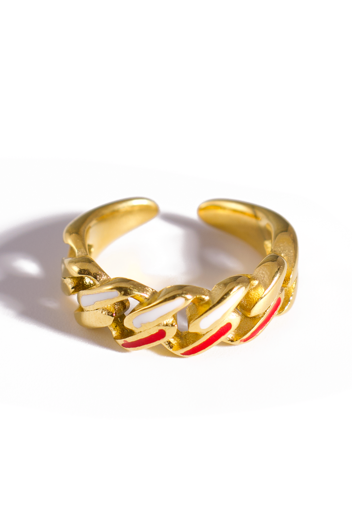 [Ring] Color Pop Stainless Steel Cuban Chain Adjustable Ring – Gold Plated Open Band with Enamel Inlay, Red-White or Blue Accents, Unisex Fashion Jewelry