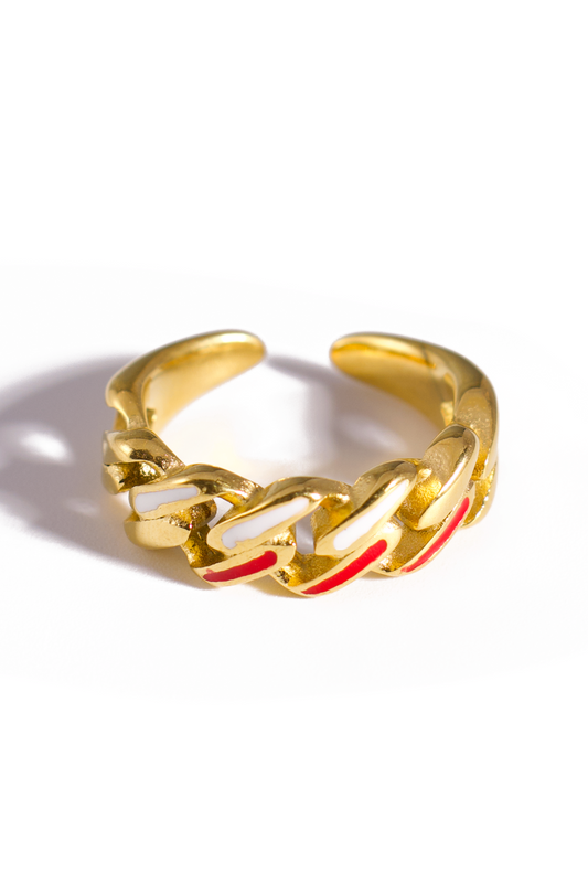 [Ring] Color Pop Stainless Steel Cuban Chain Adjustable Ring – Gold Plated Open Band with Enamel Inlay, Red-White or Blue Accents, Unisex Fashion Jewelry