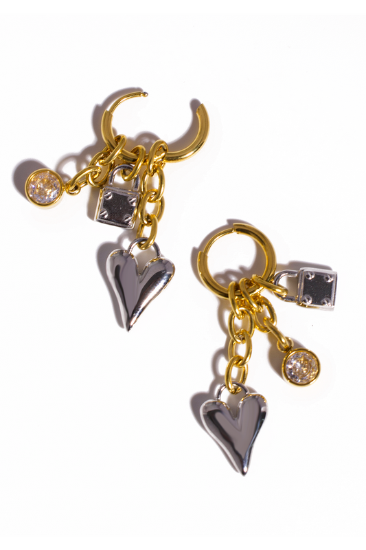Chunky Dangle Earrings, 18K Gold Plated Stainless Steel, Non-Tarnish "Heart & Lock" Shape