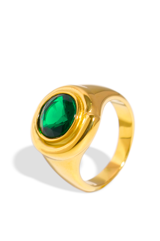 [Ring] Golden Ring, 18K Gold Plated Stainless Steel, Non-Tarnish Premium Round Green Zirconia Ring
