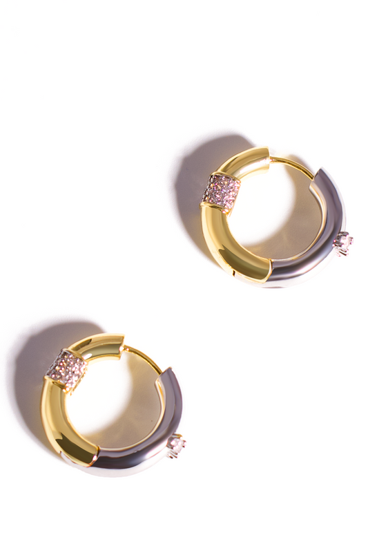 Two-Tone Hoop Earrings with CZ Accents – Gold & Silver Stainless Steel Huggies