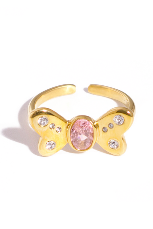 [Ring] 18K Gold Plated Bow Ring with Pink Zircon Center, Stainless Steel