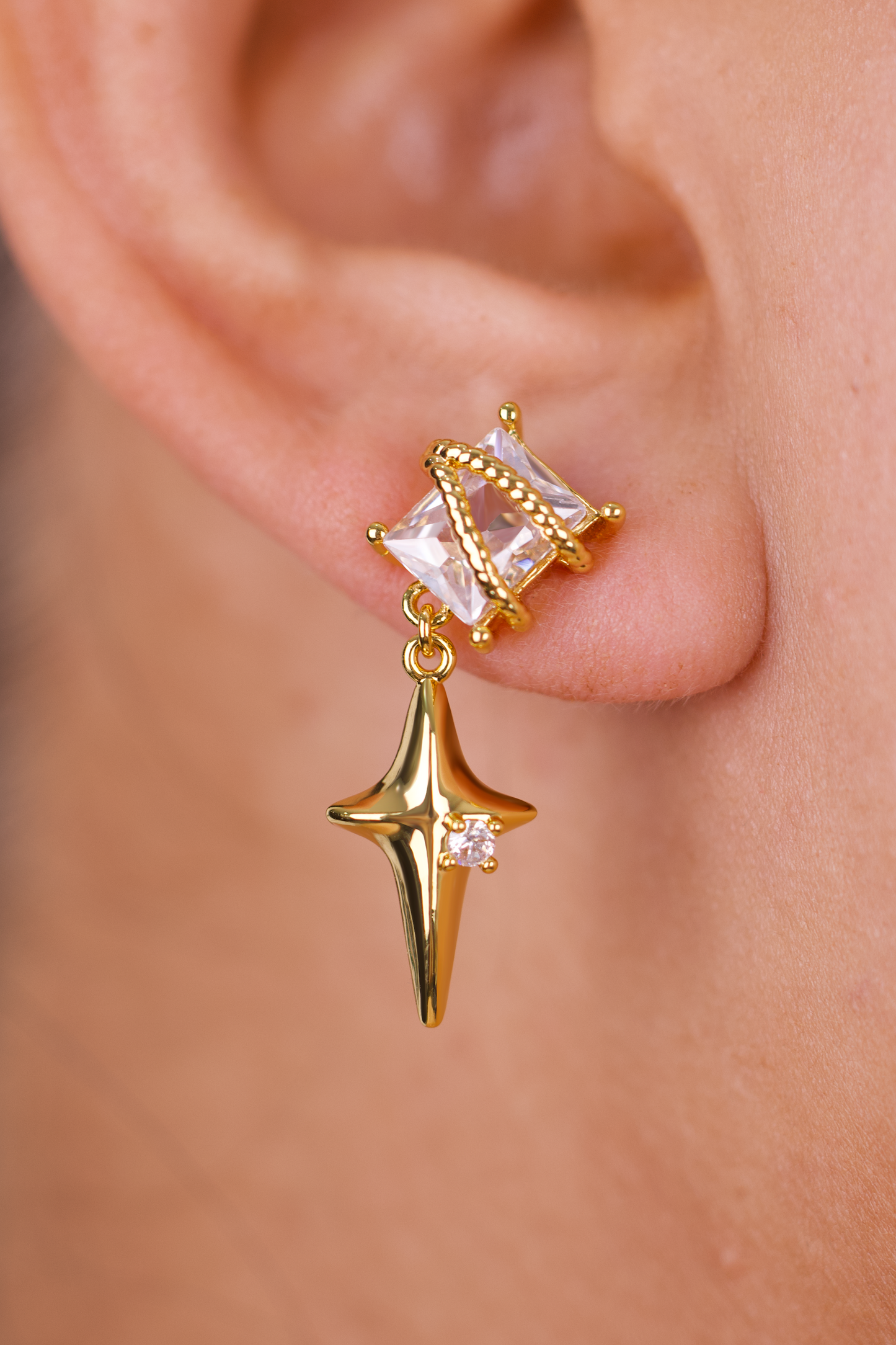 Asymmetrical Star & Crystal Drop Earrings – Gold Plated Statement Jewelry