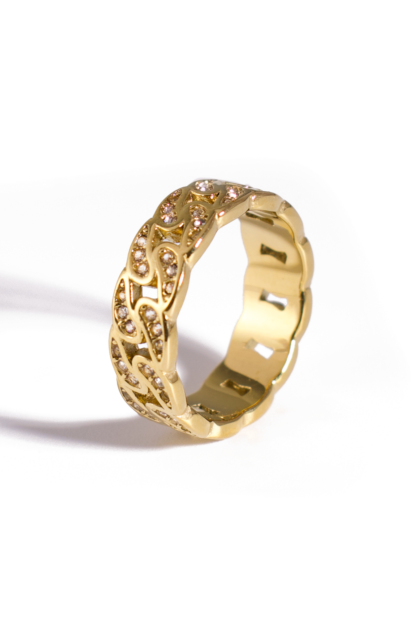 [Ring] 18K Gold Plated Stainless Steel Ring with Openwork Vine Design and Pave CZ Accents
