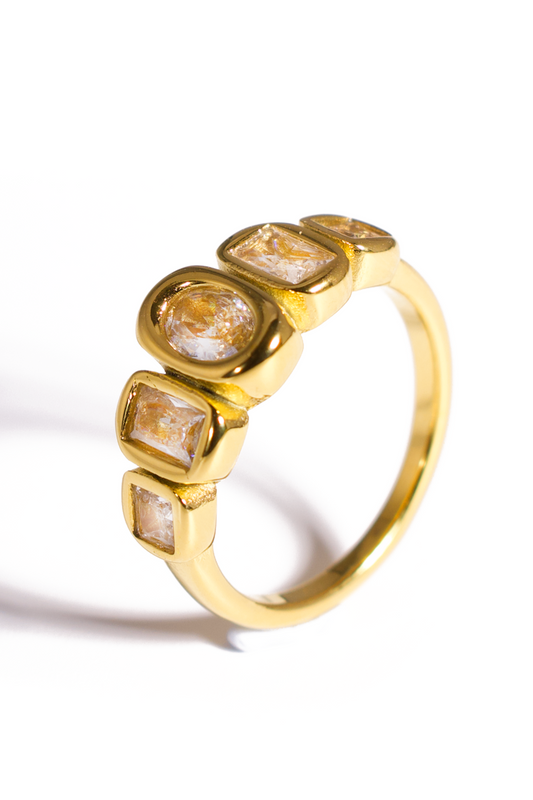 [Ring] Geometric Multi-Stone Statement Ring – Gold Plated Stainless Steel with Mixed-Cut Clear Zirconia Accents