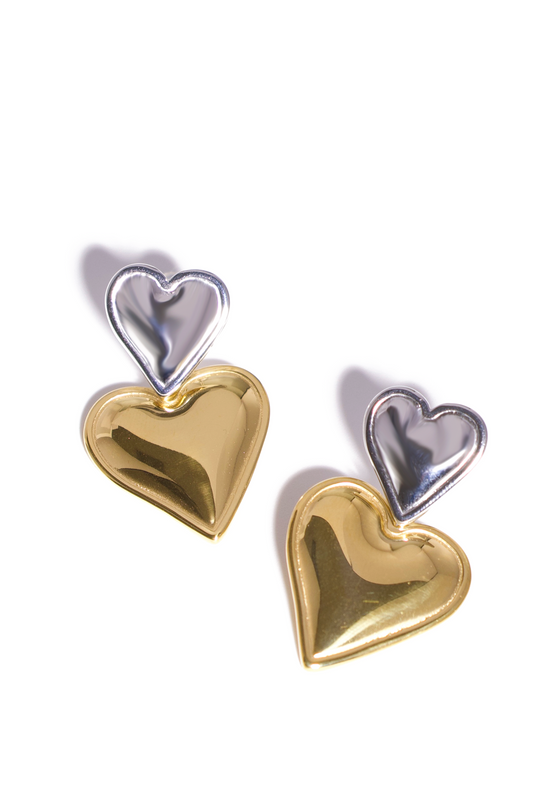 Dangle Earrings, 18K Gold Plated Stainless Steel, Non-Tarnish "The Double Heart" Shape