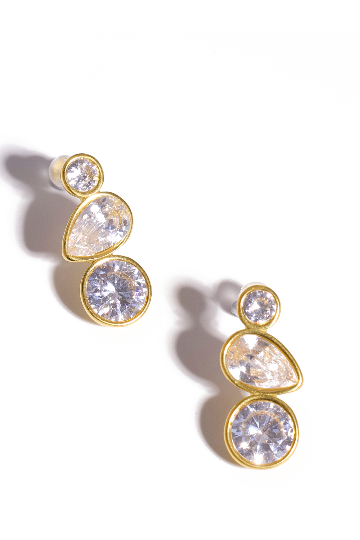 18K Gold Plated Triple Crystal Earrings – Teardrop & Round Design, Stainless Steel