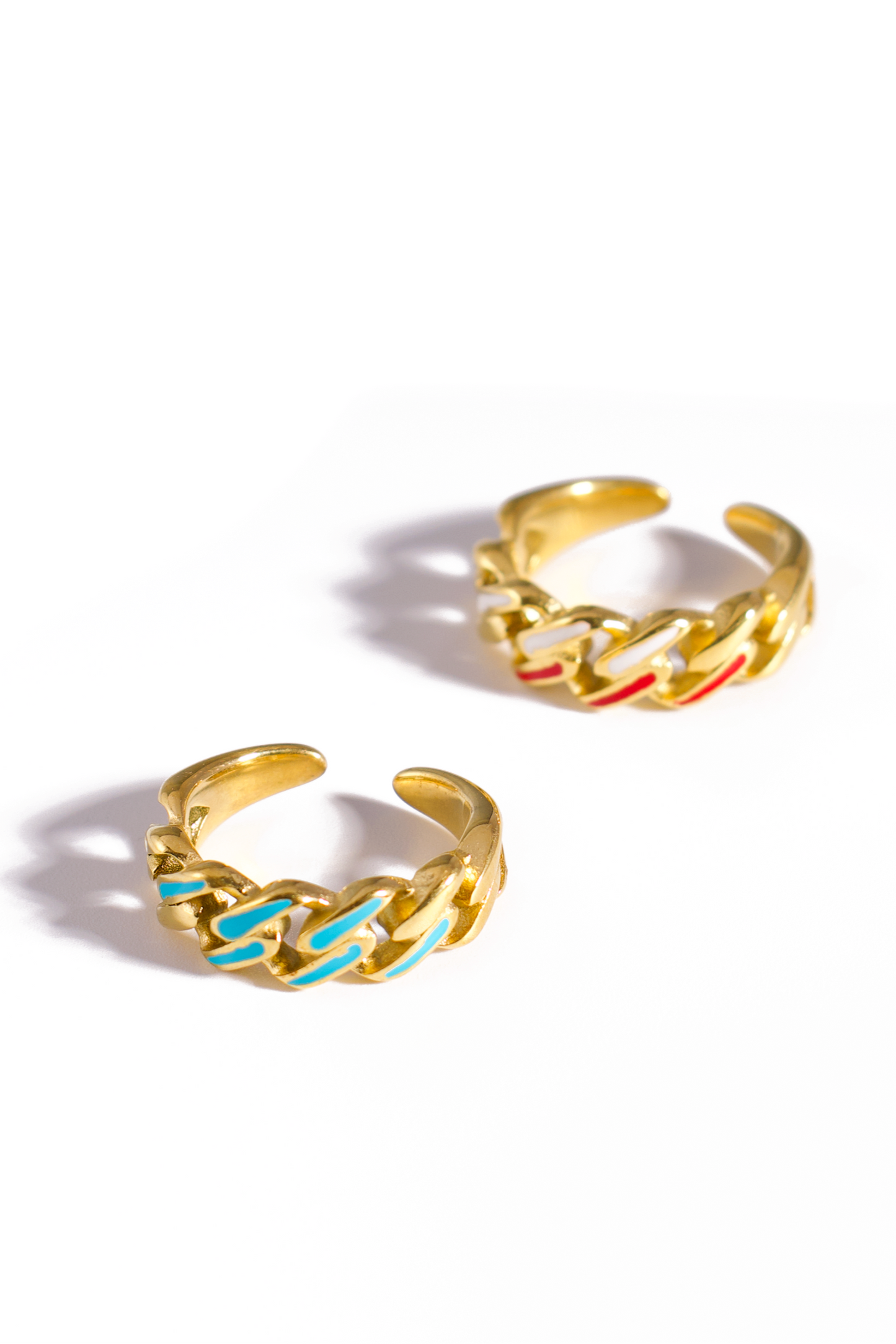 [Ring] Color Pop Stainless Steel Cuban Chain Adjustable Ring – Gold Plated Open Band with Enamel Inlay, Red-White or Blue Accents, Unisex Fashion Jewelry