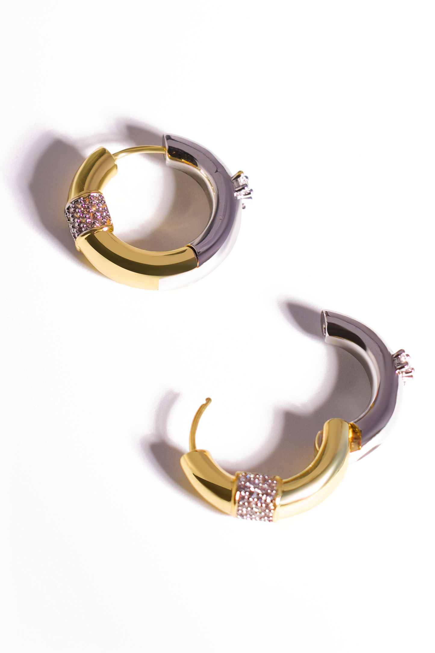 Two-Tone Hoop Earrings with CZ Accents – Gold & Silver Stainless Steel Huggies