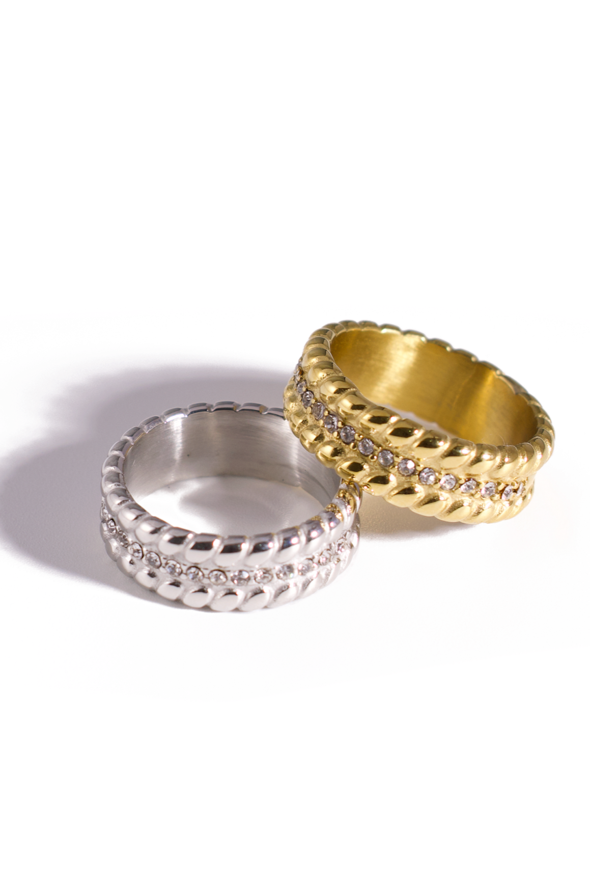 [Ring] Gold & Silver Stainless Steel Bands with CZ Accents, 18K Gold Plated