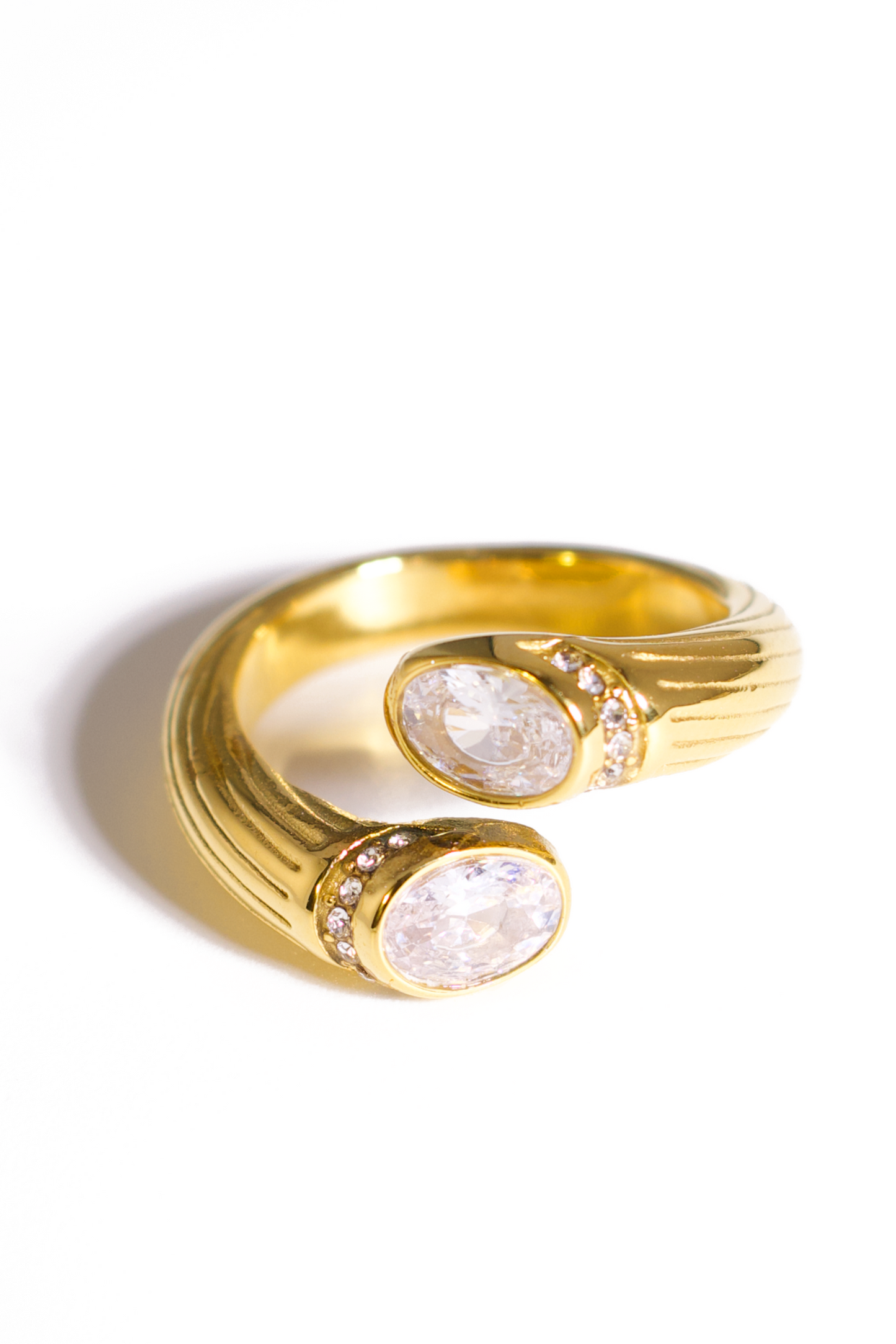 [Ring] Elegant Double Oval Stone Ring – Adjustable Open Band Gold Plated Statement Ring with CZ Accents