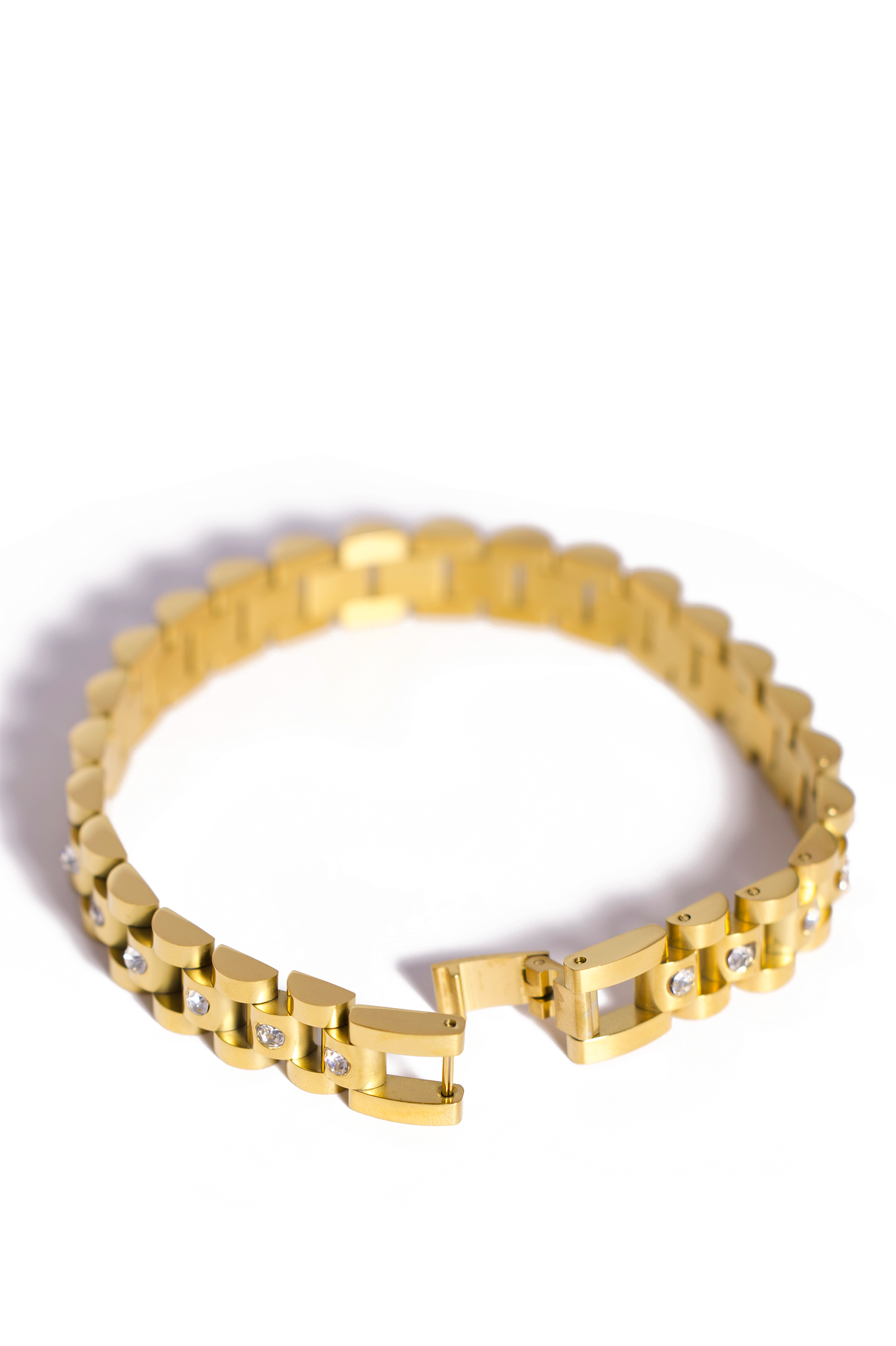 Unisex Stainless Steel Bracelet with Watch-Link Design, Gold or Silver Plated, Inlaid with Shiny Zircon Stones, Durable and Weighty