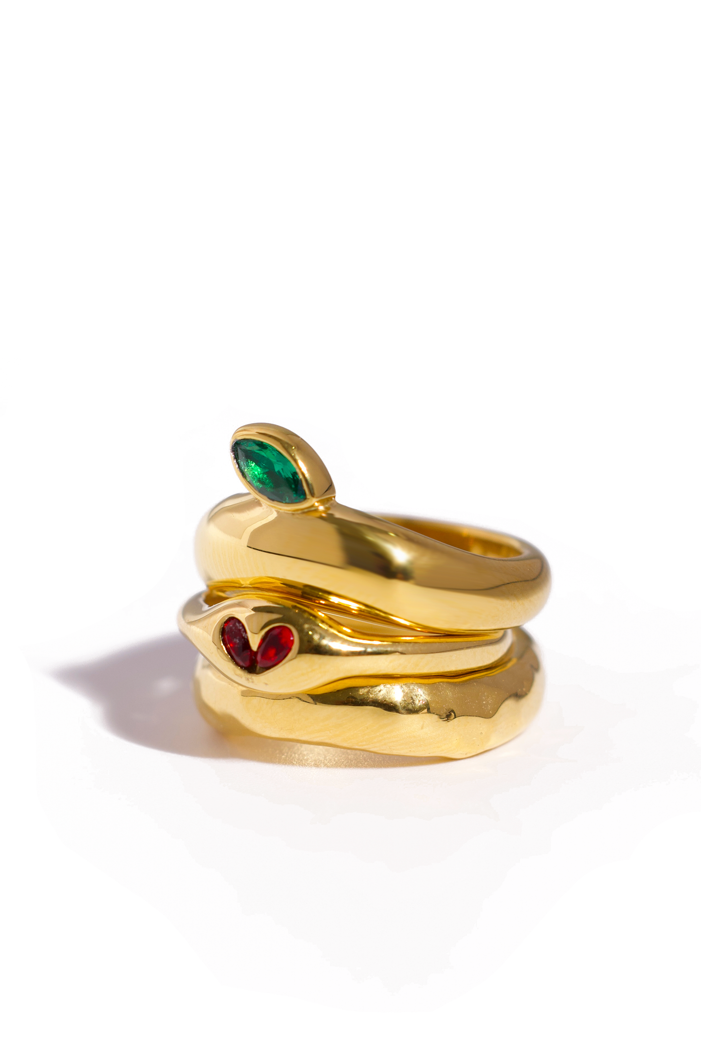 [Ring] Trinity Glow Ring Set – 18K Gold Plated Stainless Steel with Green & Red Cubic Zirconia