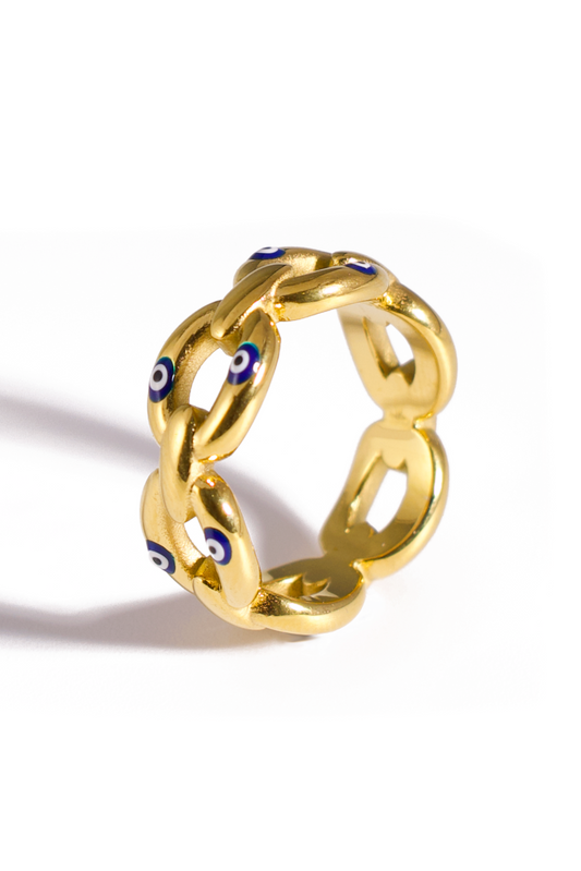 [Ring] 18K Gold Plated Stainless Steel Chain Link Ring with Evil Eye Enamel Accents – Trendy Protective Jewelry for Everyday Wear