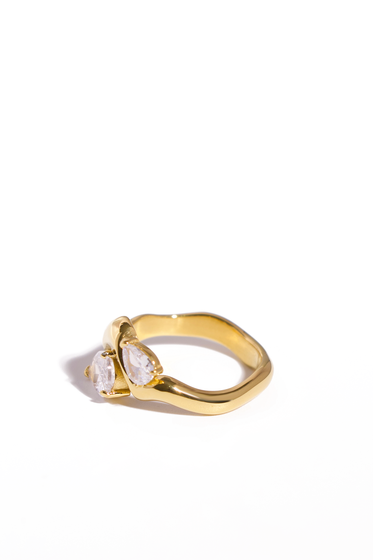 [Ring] 18K Gold Plated Bypass Ring with Double Pear-Cut Artificial Crystals, Stainless Steel