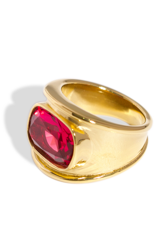 [Ring] Golden Ring, 18K Gold Plated Stainless Steel, Non-Tarnish Wide Band Ring with Ruby Red Zirconia