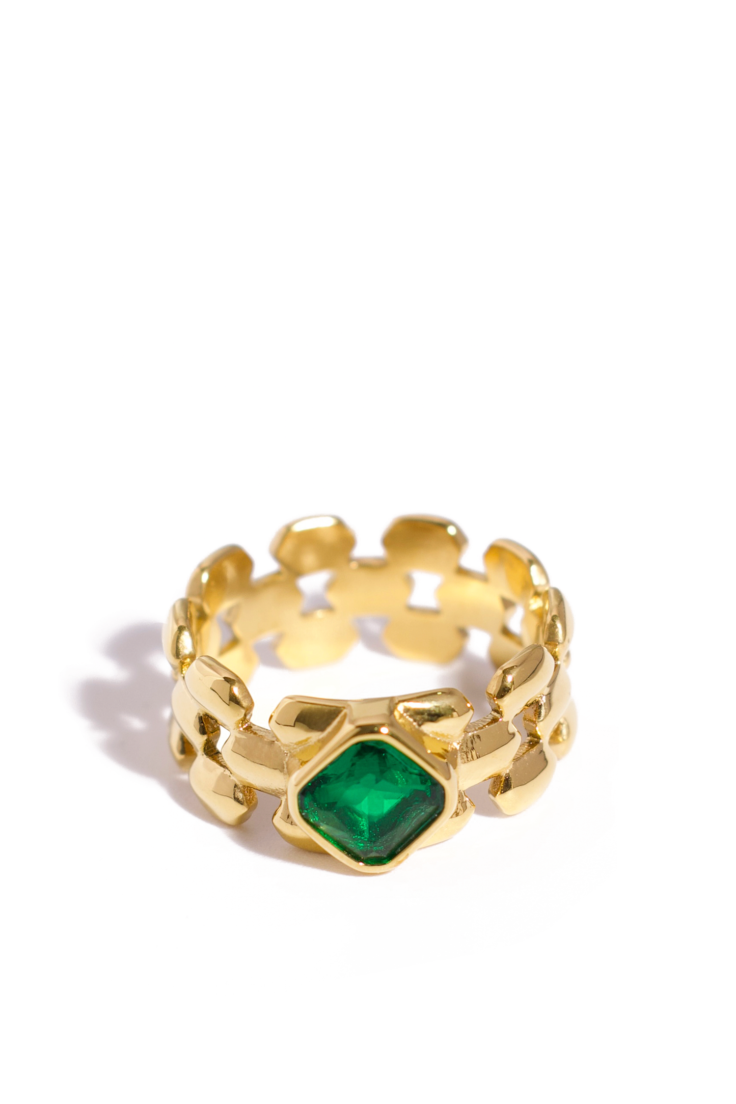 [Ring] Two‑Tone Dragon Scale Statement Ring – Green Zirconia, 18K Gold Plated Stainless Steel