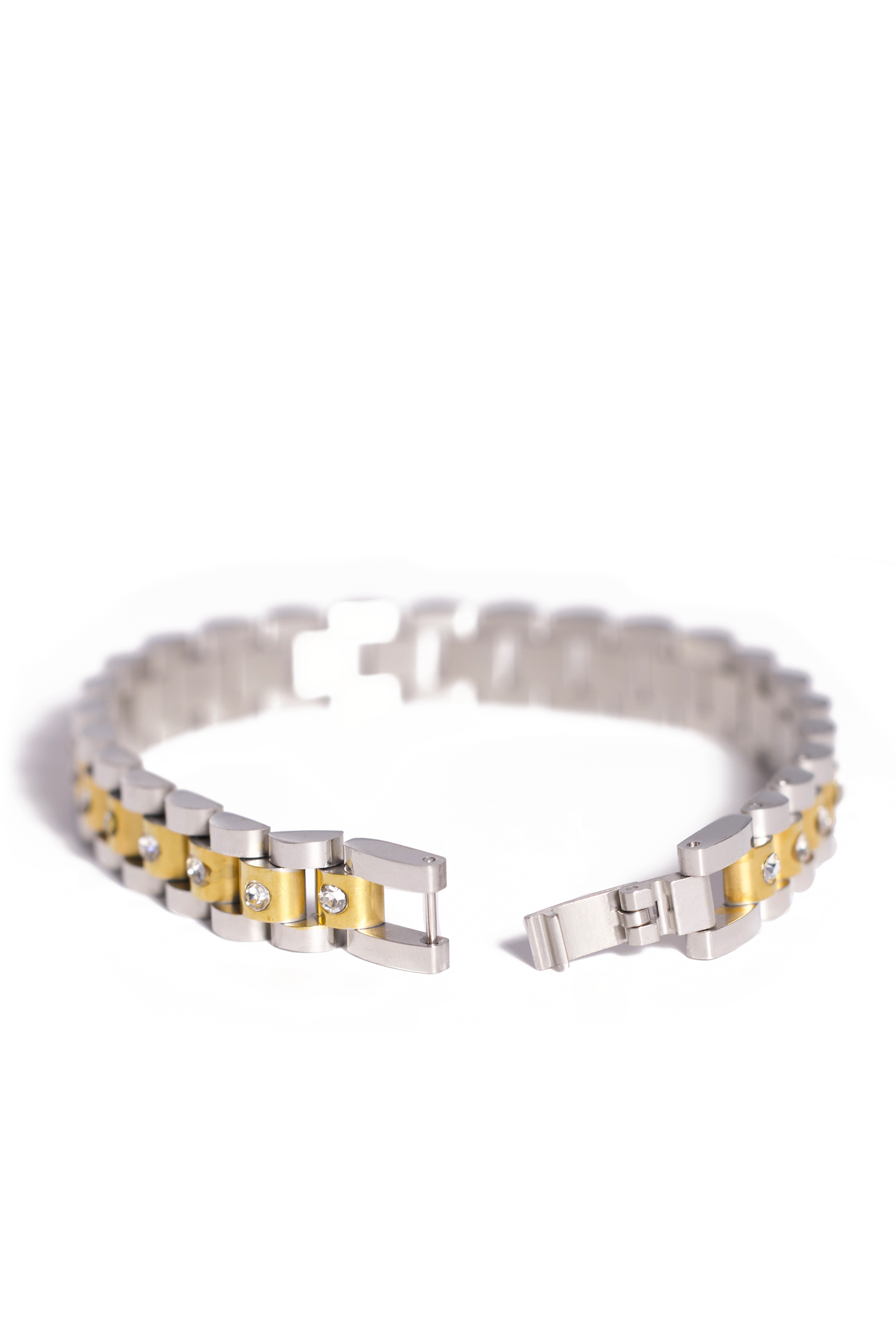 Unisex Stainless Steel Bracelet with Watch-Link Design, Gold or Silver Plated, Inlaid with Shiny Zircon Stones, Durable and Weighty