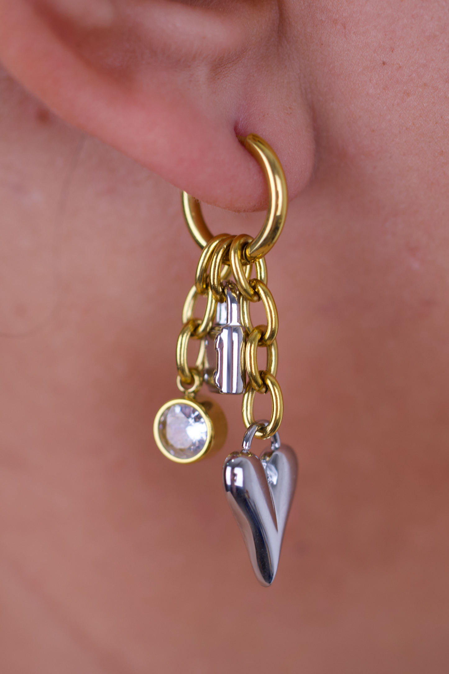 Chunky Dangle Earrings, 18K Gold Plated Stainless Steel, Non-Tarnish "Heart & Lock" Shape
