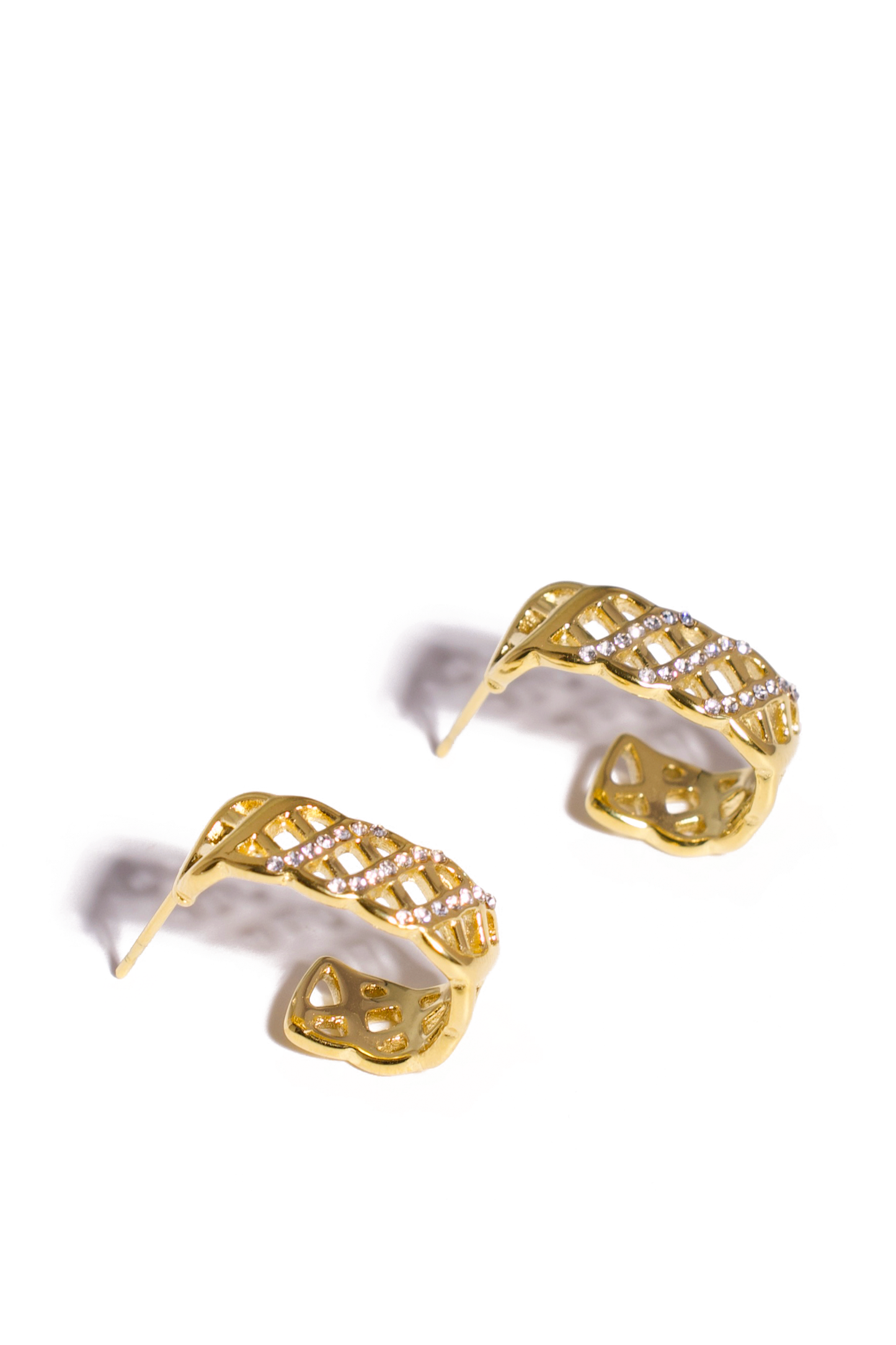 18K Gold Plated Stainless Steel Hollow Hoop Earrings with Criss-Cross Cubic Zirconia, Lightweight Modern Design