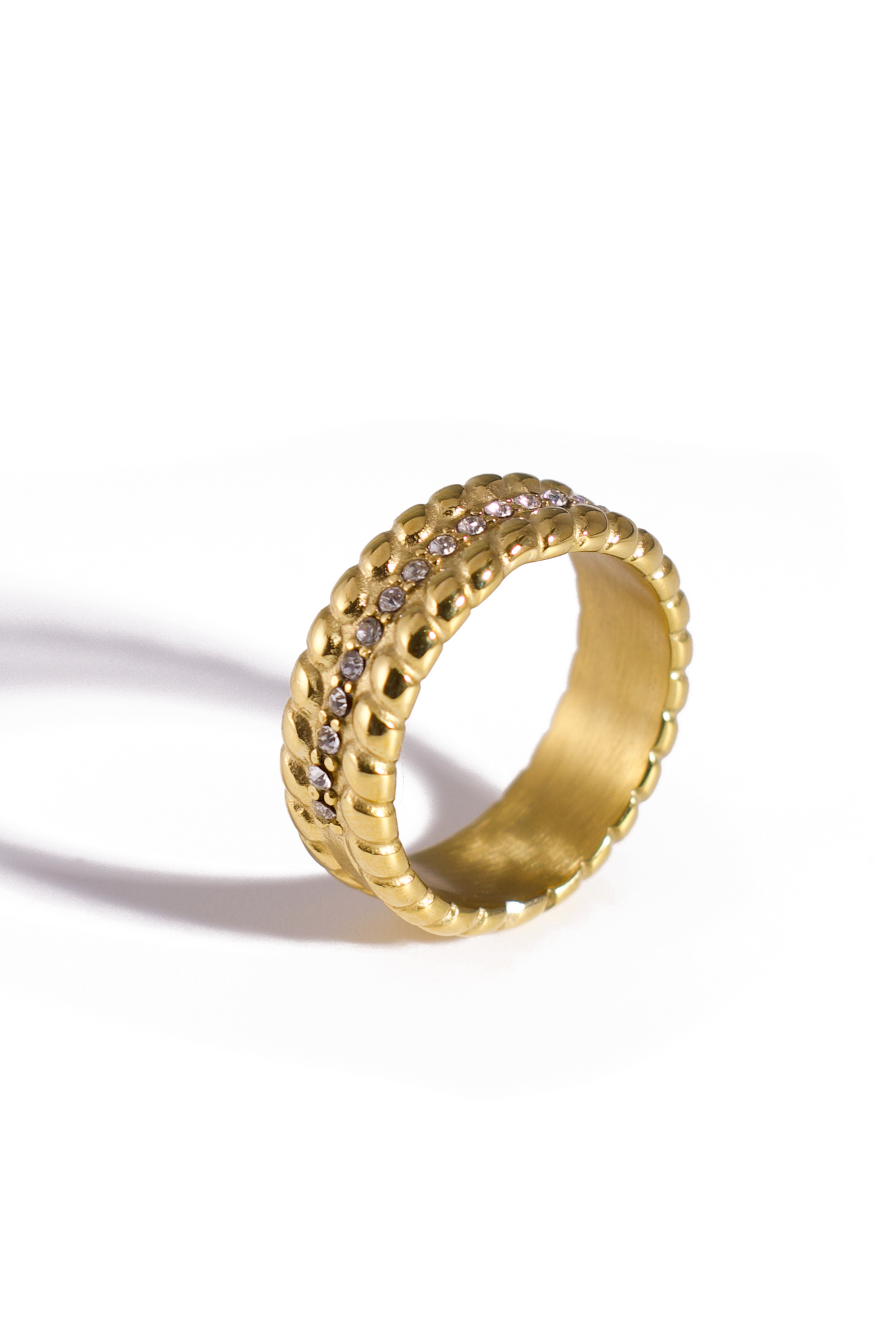 [Ring] Gold & Silver Stainless Steel Bands with CZ Accents, 18K Gold Plated