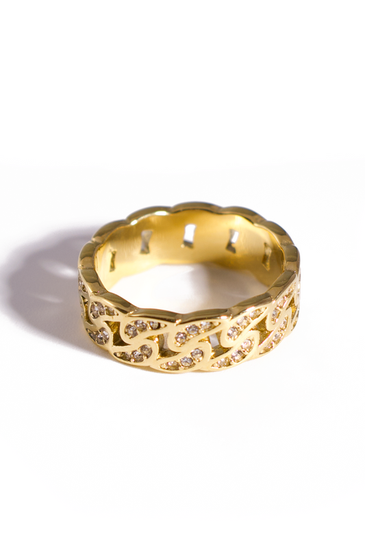 [Ring] 18K Gold Plated Stainless Steel Ring with Openwork Vine Design and Pave CZ Accents