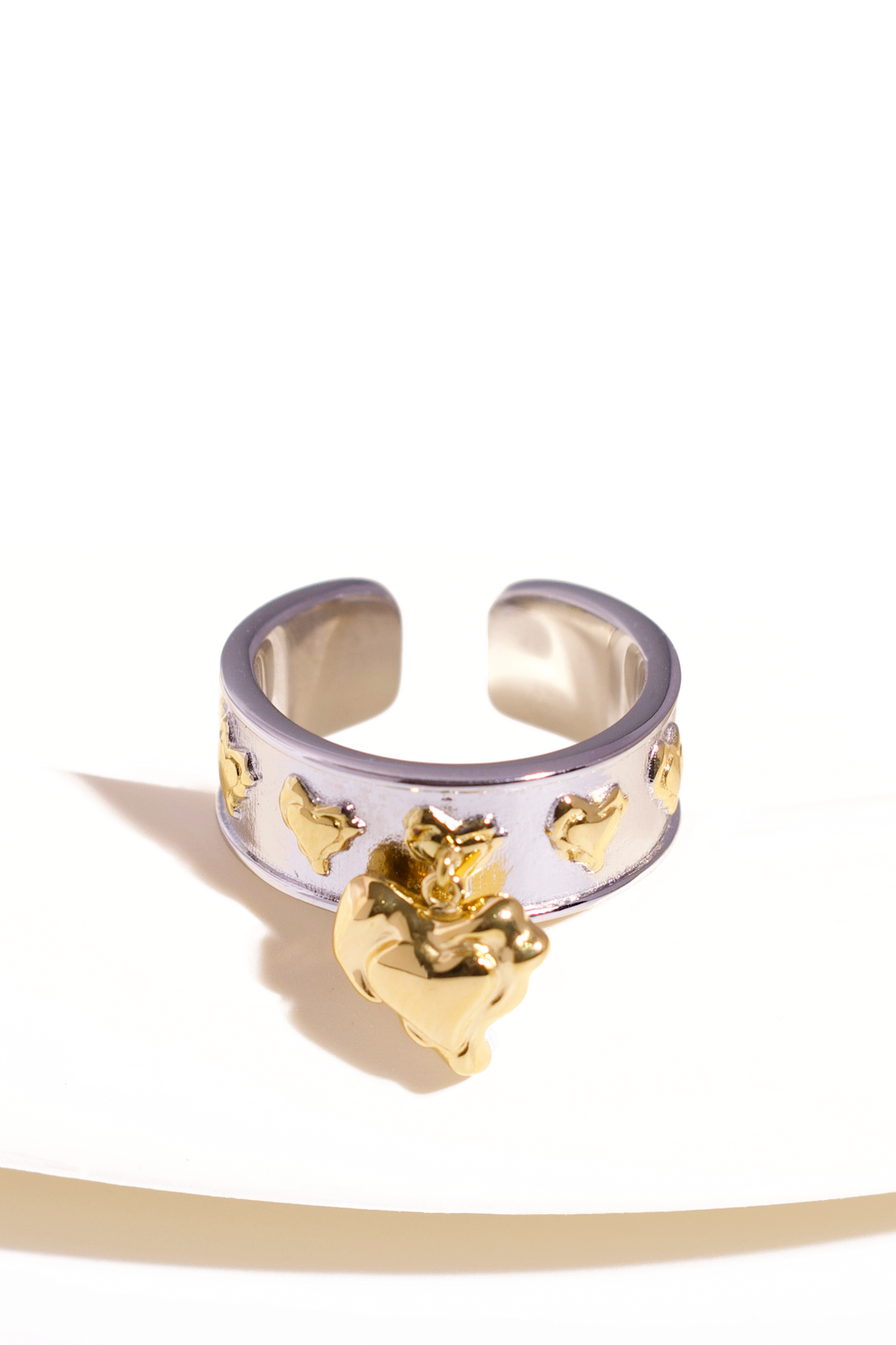 [Ring] Two-Tone Adjustable Ring with Dangling Gold Heart Charm, Stainless Steel 18K Gold-Plated