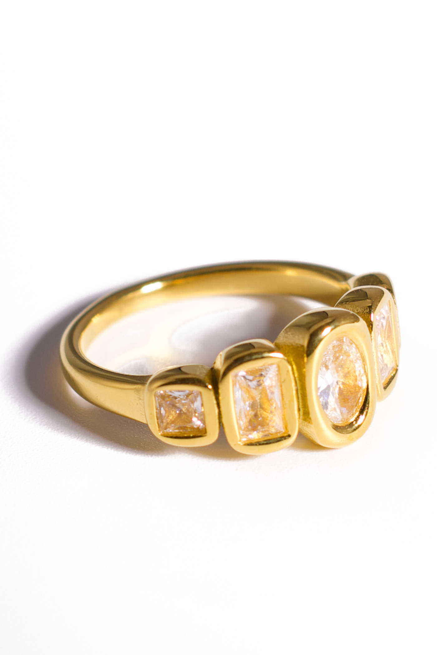 [Ring] Geometric Multi-Stone Statement Ring – Gold Plated Stainless Steel with Mixed-Cut Clear Zirconia Accents