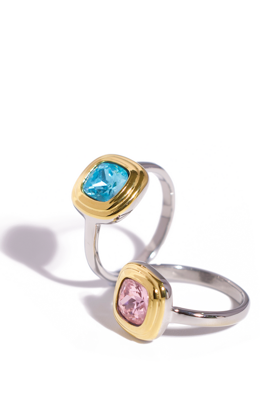 [Ring] Cushion Cut Gemstone Ring – 18K Gold Plated Stainless Steel, Pink & Blue CZ
