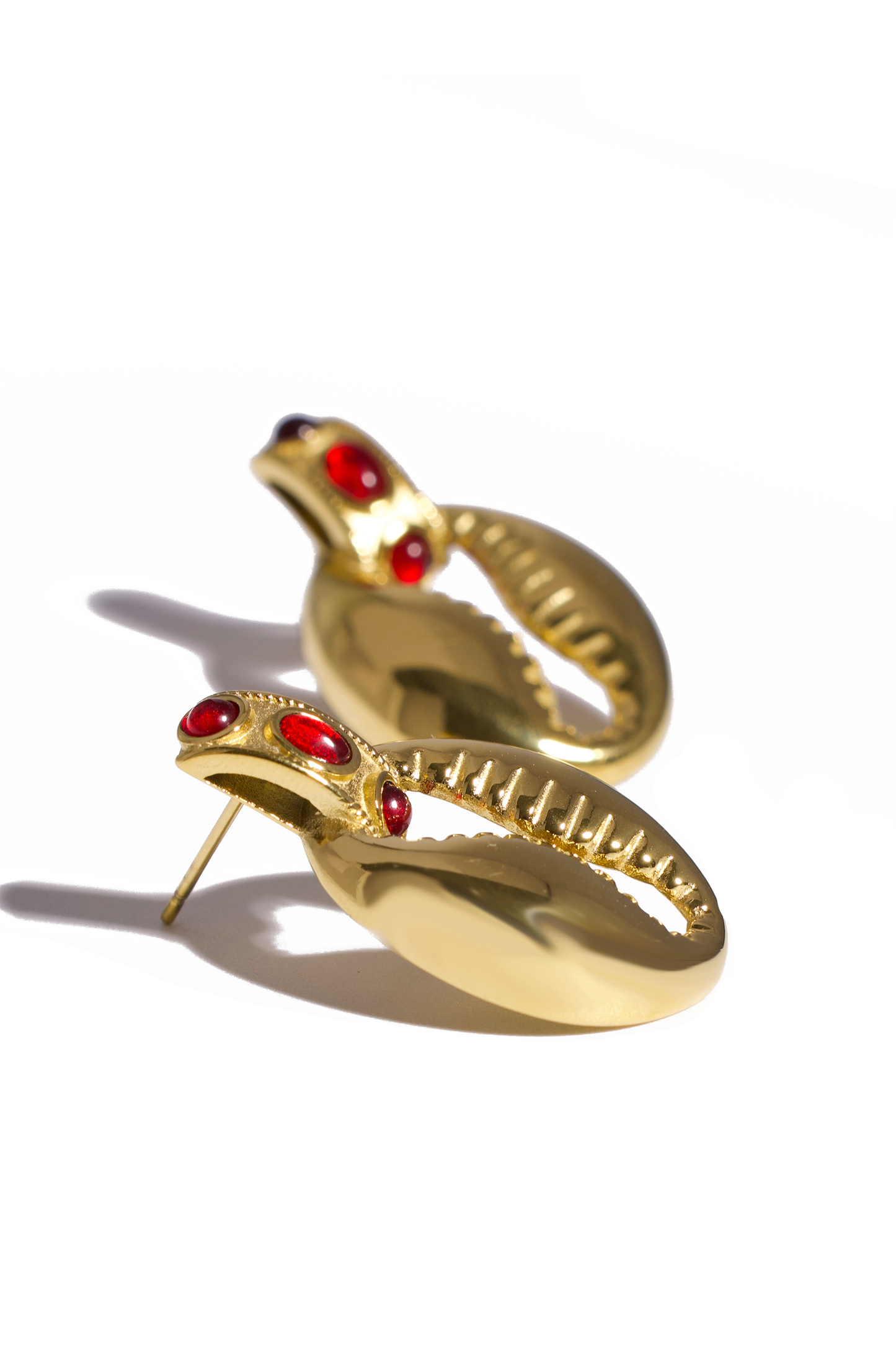 18K Gold Plated Shell Earrings with Red Gem Accents, Stainless Steel