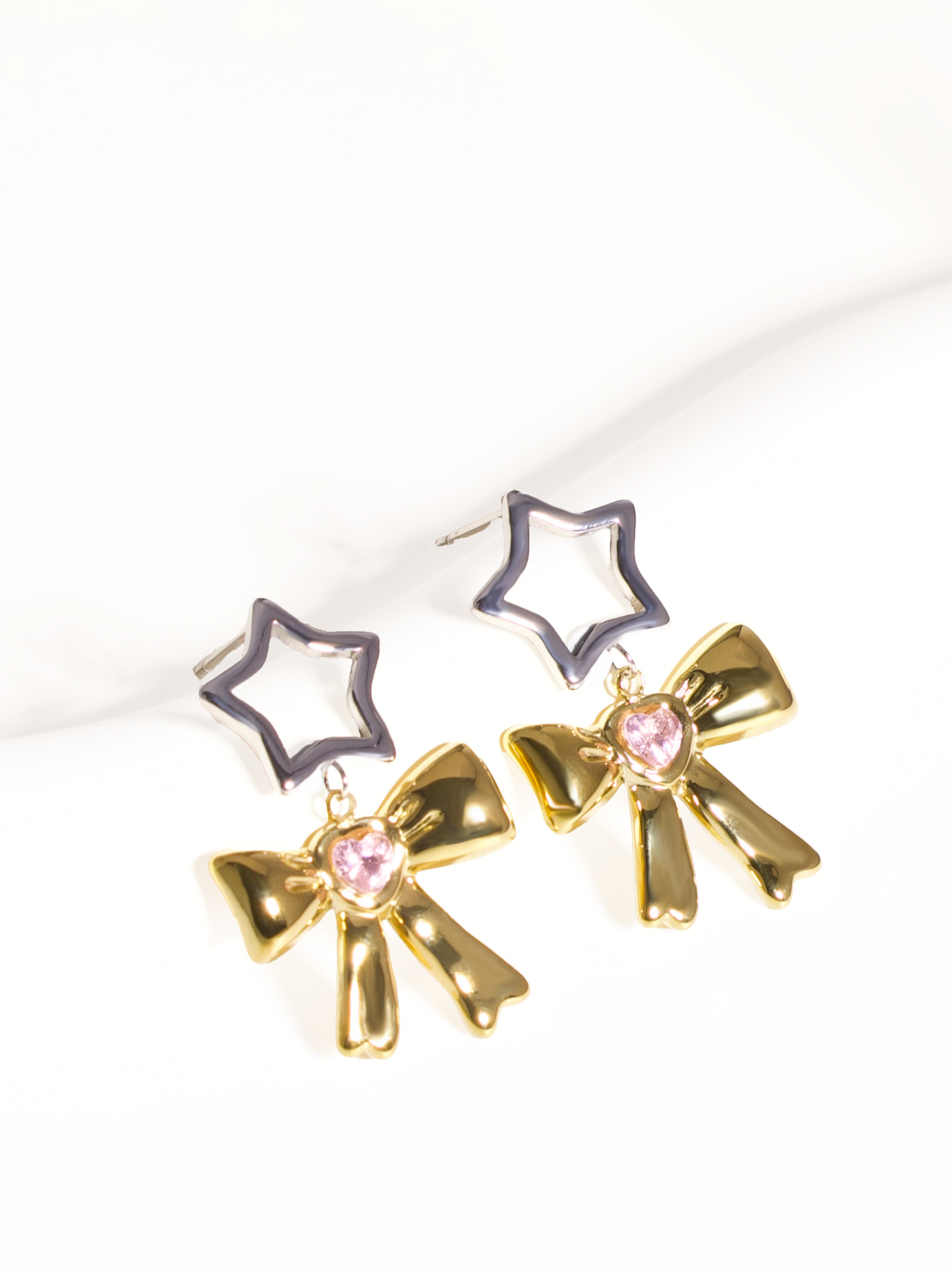 Star & Bow Drop Earrings – 18K Gold Plated with Pink Crystal