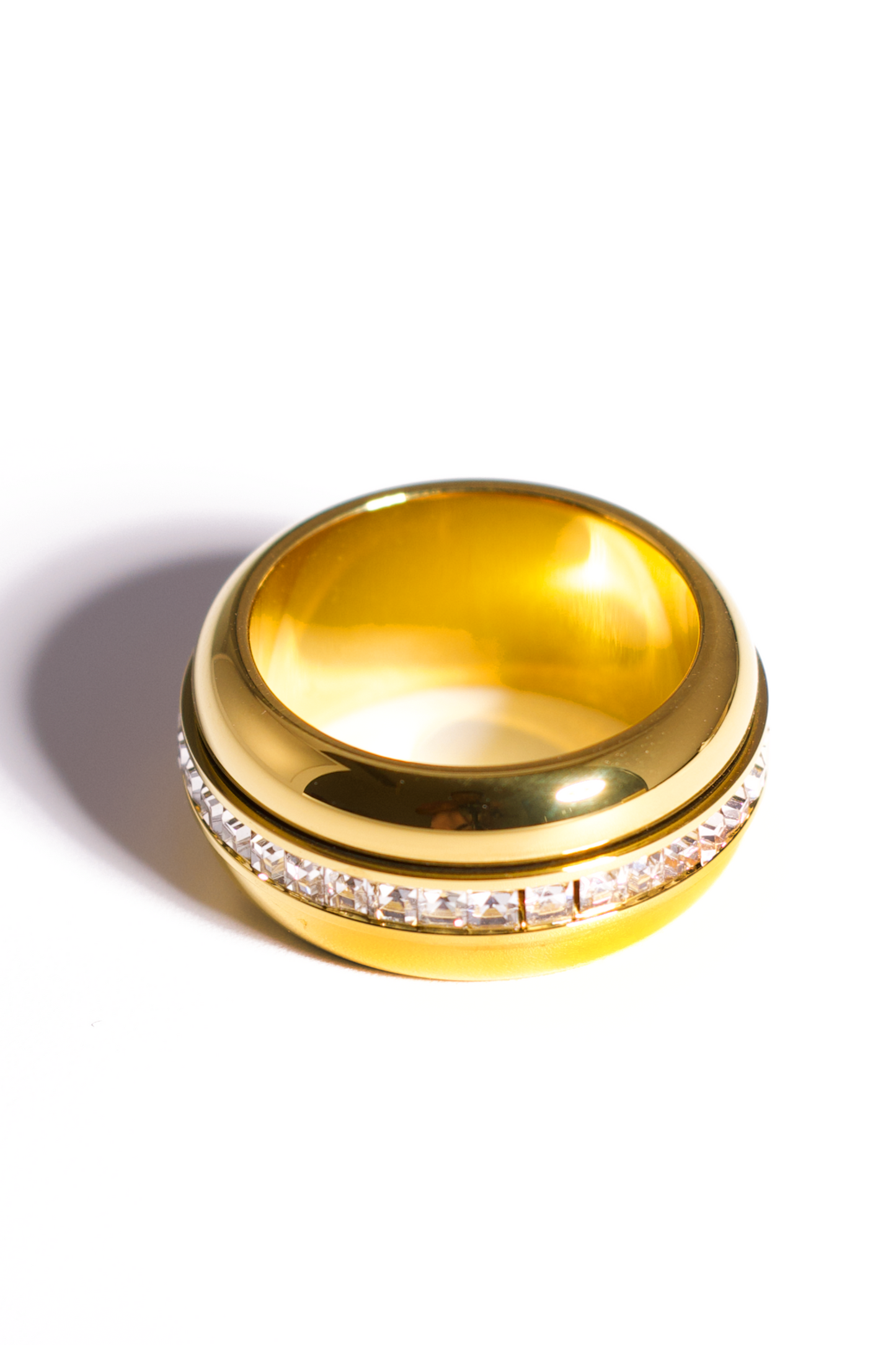 [Ring] Chunky Gold Band Ring – Wide Dome Statement Ring with Channel-Set Cubic Zirconia, Stainless Steel Cocktail Ring
