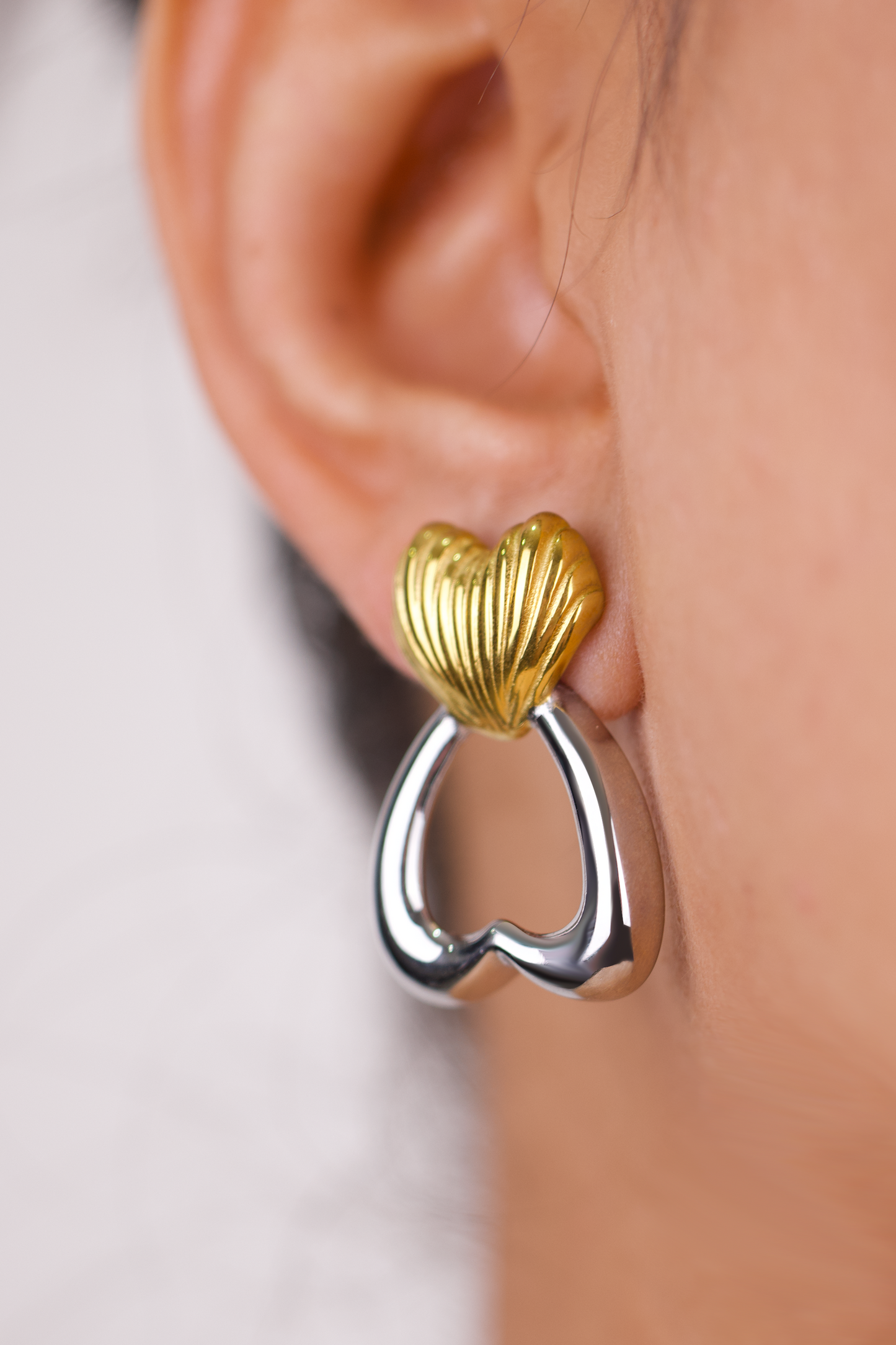 Stud Earrings, 18K Gold Plated Stainless Steel, Non-Tarnish "The Heart & Shell" Shape
