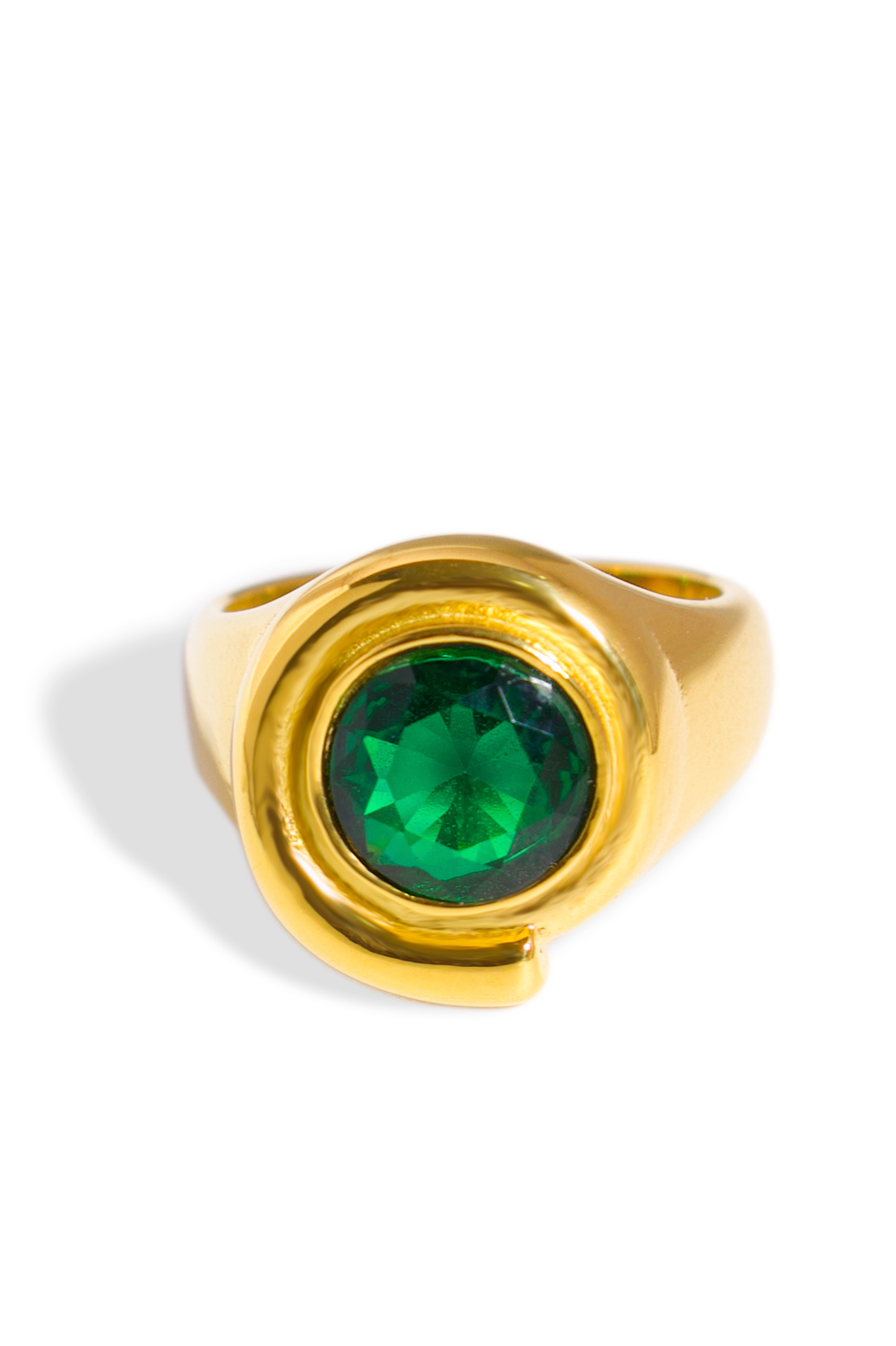 [Ring] Golden Ring, 18K Gold Plated Stainless Steel, Non-Tarnish Premium Round Green Zirconia Ring